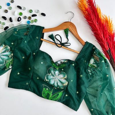 Green Hand-Painted Organza Silk Blouse with Embroidery Accents