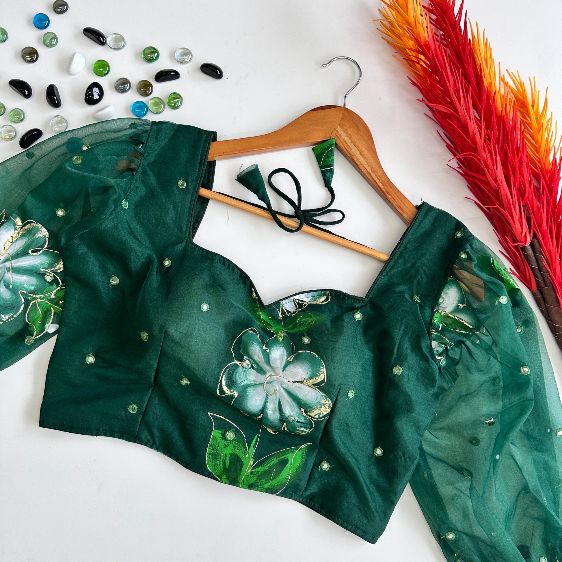 Green Hand-Painted Organza Silk Blouse with Embroidery Accents