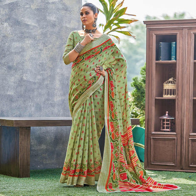 green-ikkat-printed-linen-saree