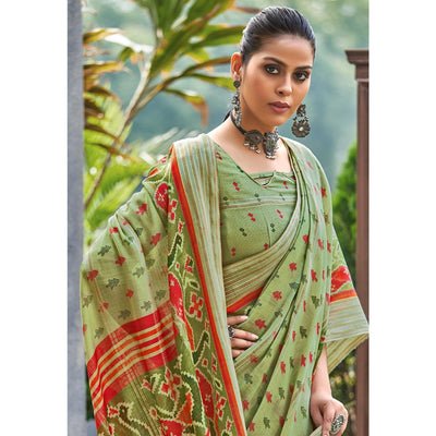 green-ikkat-printed-linen-saree