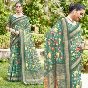green-kalamkari-digital-printed-linen-saree-with-tassels-144125