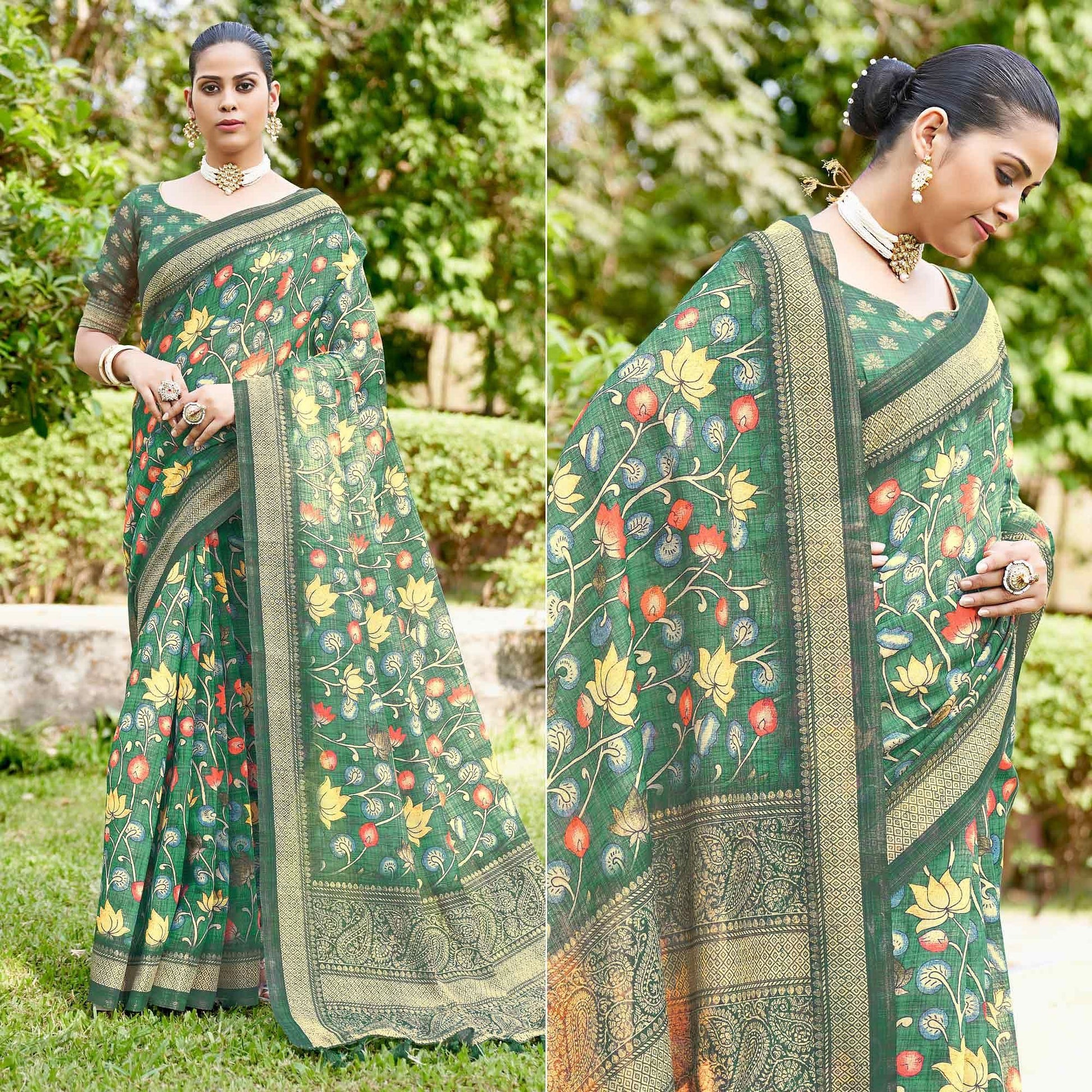 green-kalamkari-digital-printed-linen-saree-with-tassels-144125