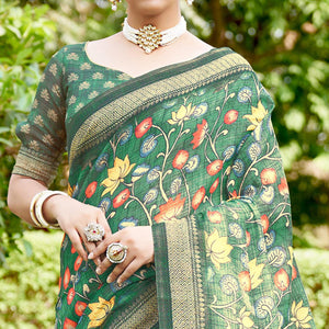 green-kalamkari-digital-printed-linen-saree-with-tassels-144125