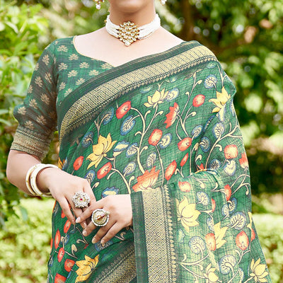 green-kalamkari-digital-printed-linen-saree-with-tassels-144125