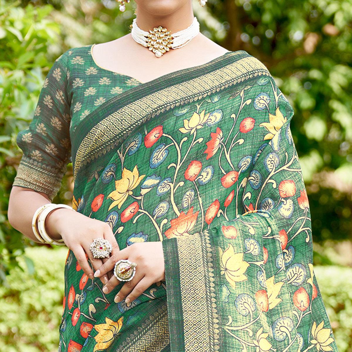 green-kalamkari-digital-printed-linen-saree-with-tassels-144125