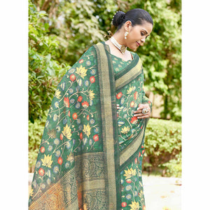 green-kalamkari-digital-printed-linen-saree-with-tassels-144125