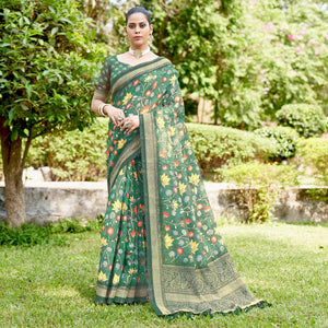 green-kalamkari-digital-printed-linen-saree-with-tassels-144125