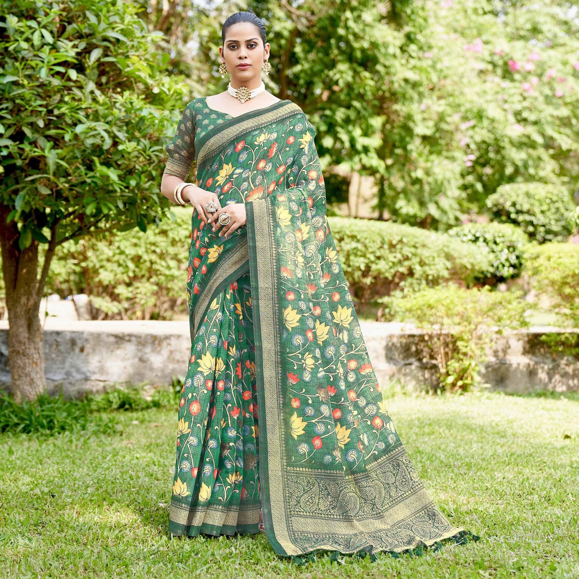 green-kalamkari-digital-printed-linen-saree-with-tassels-144125