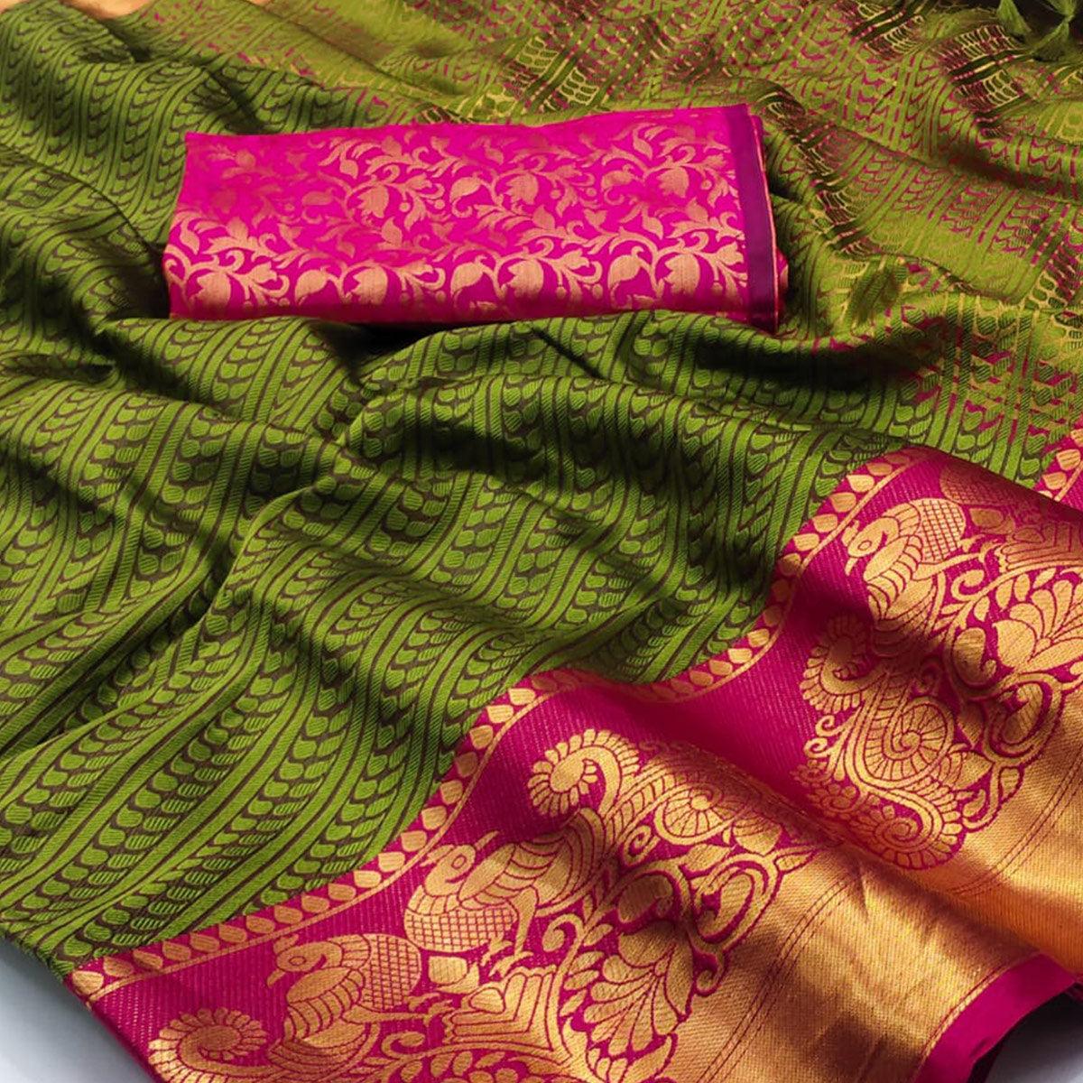 green-kalamkari-woven-cotton-silk-saree