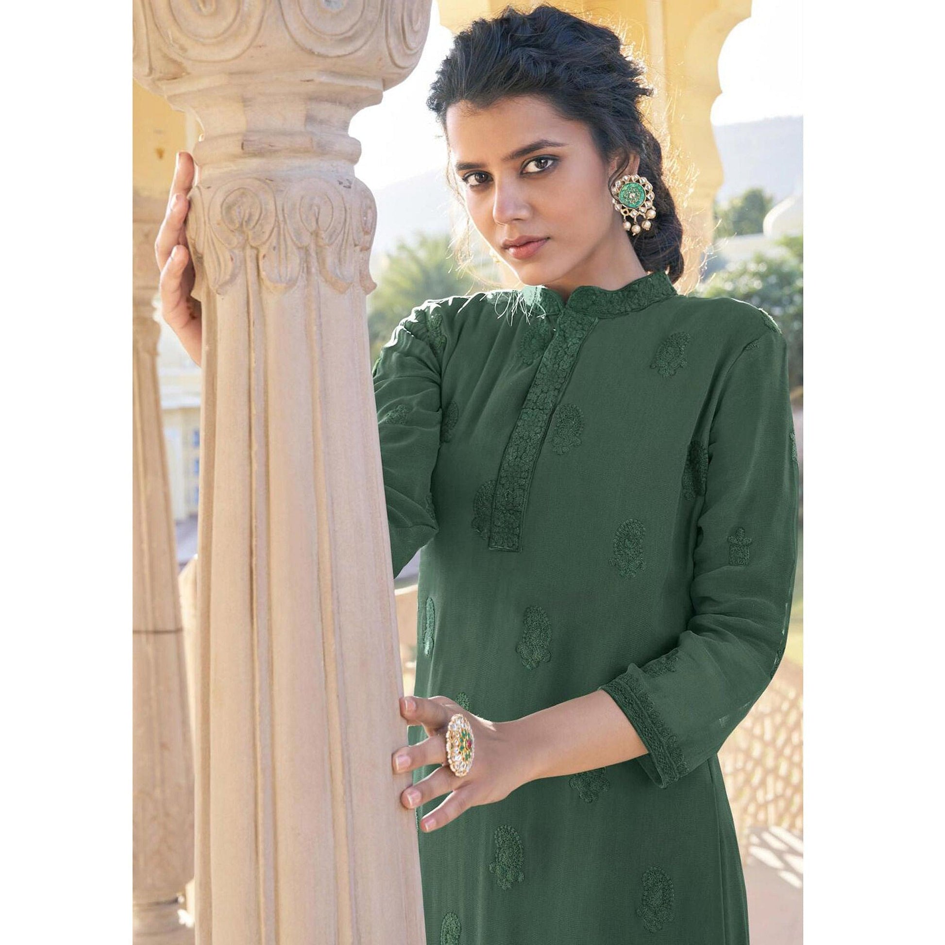 green-lucknowi-embroidered-georgette-kurti-palazzo-set-143128