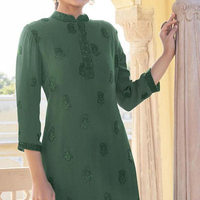 green-lucknowi-embroidered-georgette-kurti-palazzo-set-143128