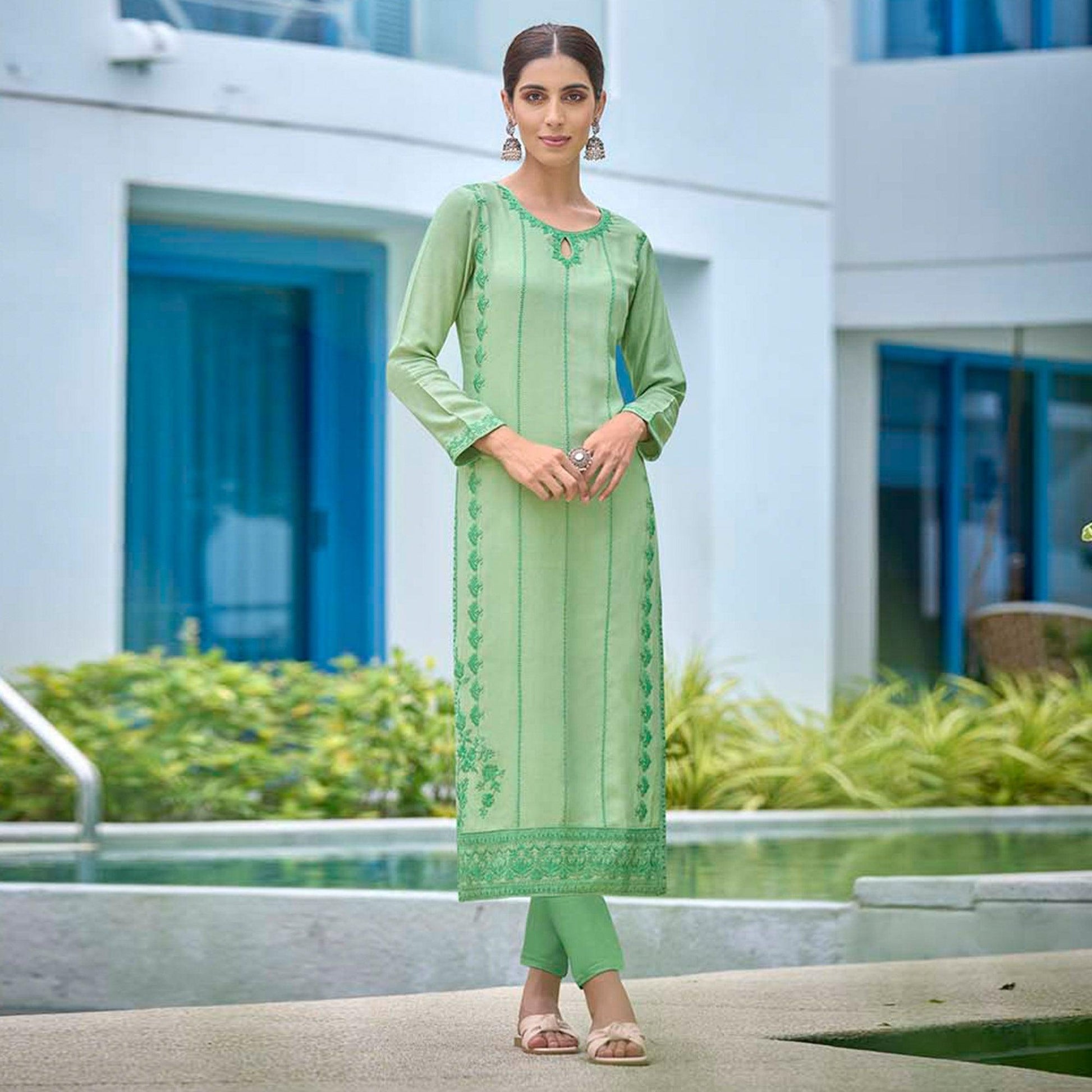 green-lucknowi-embroidered-rayon-kurti