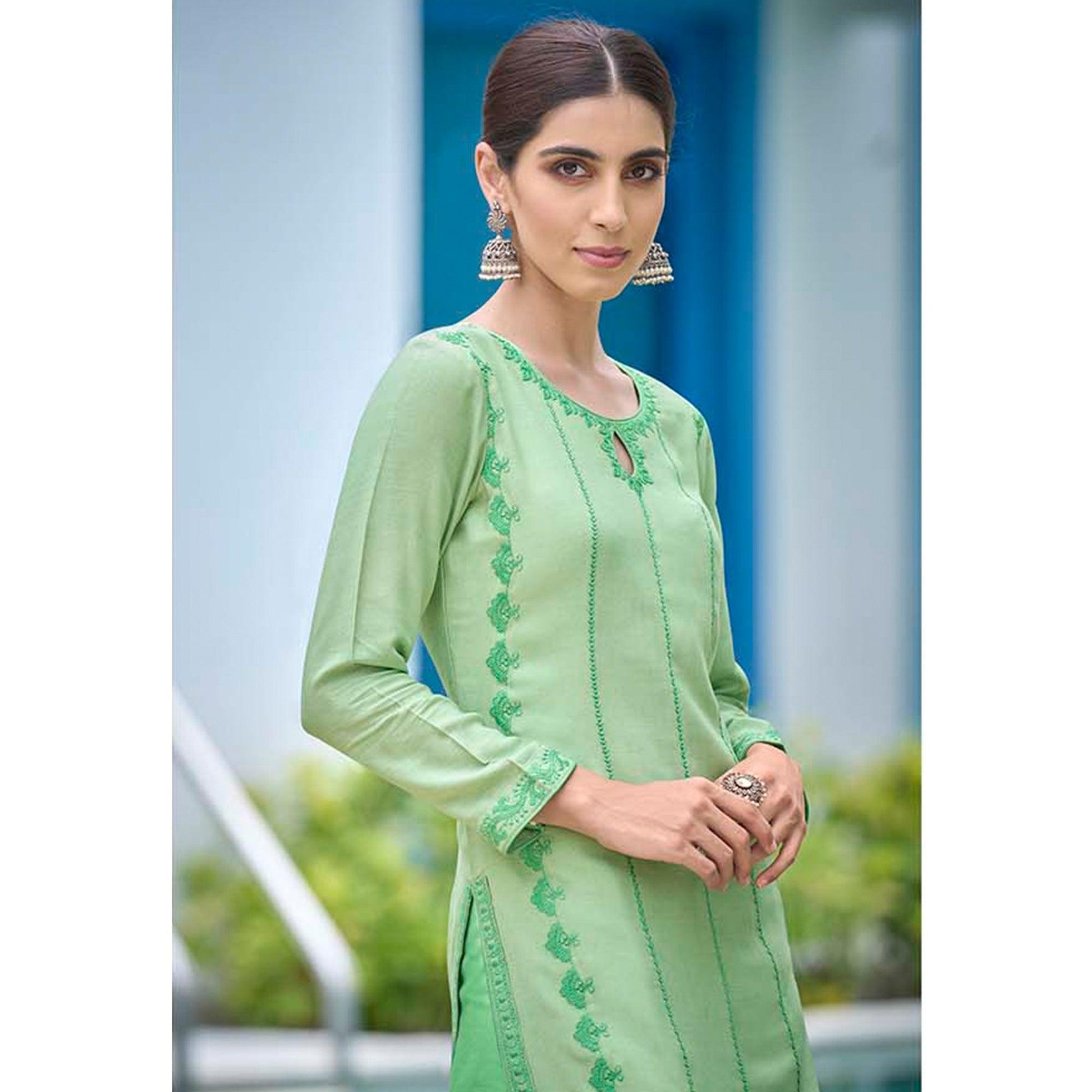 green-lucknowi-embroidered-rayon-kurti
