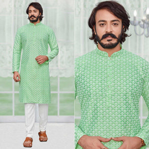 green-lucknowi-work-art-silk-kurta-pyjama-set