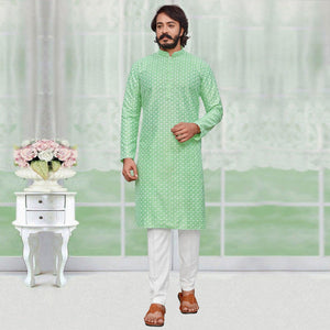 green-lucknowi-work-art-silk-kurta-pyjama-set