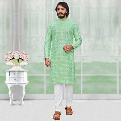 green-lucknowi-work-art-silk-kurta-pyjama-set