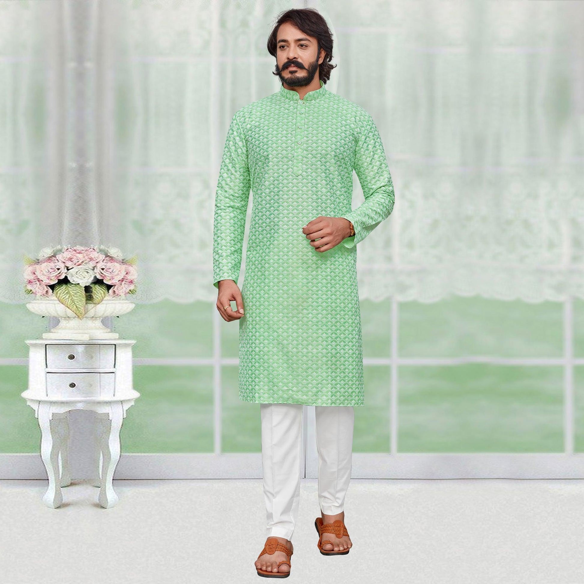 green-lucknowi-work-art-silk-kurta-pyjama-set