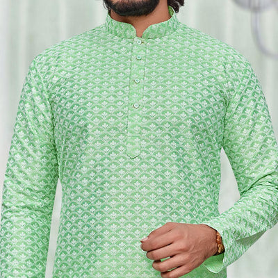 green-lucknowi-work-art-silk-kurta-pyjama-set