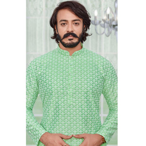 green-lucknowi-work-art-silk-kurta-pyjama-set
