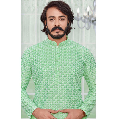 green-lucknowi-work-art-silk-kurta-pyjama-set