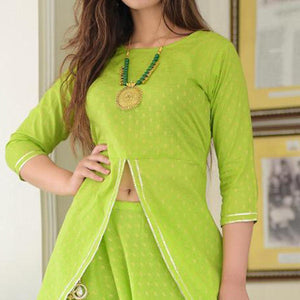 flamboyant-green-colored-partywear-meenakari-jacquard-work-cotton-kurti-skirt-47175