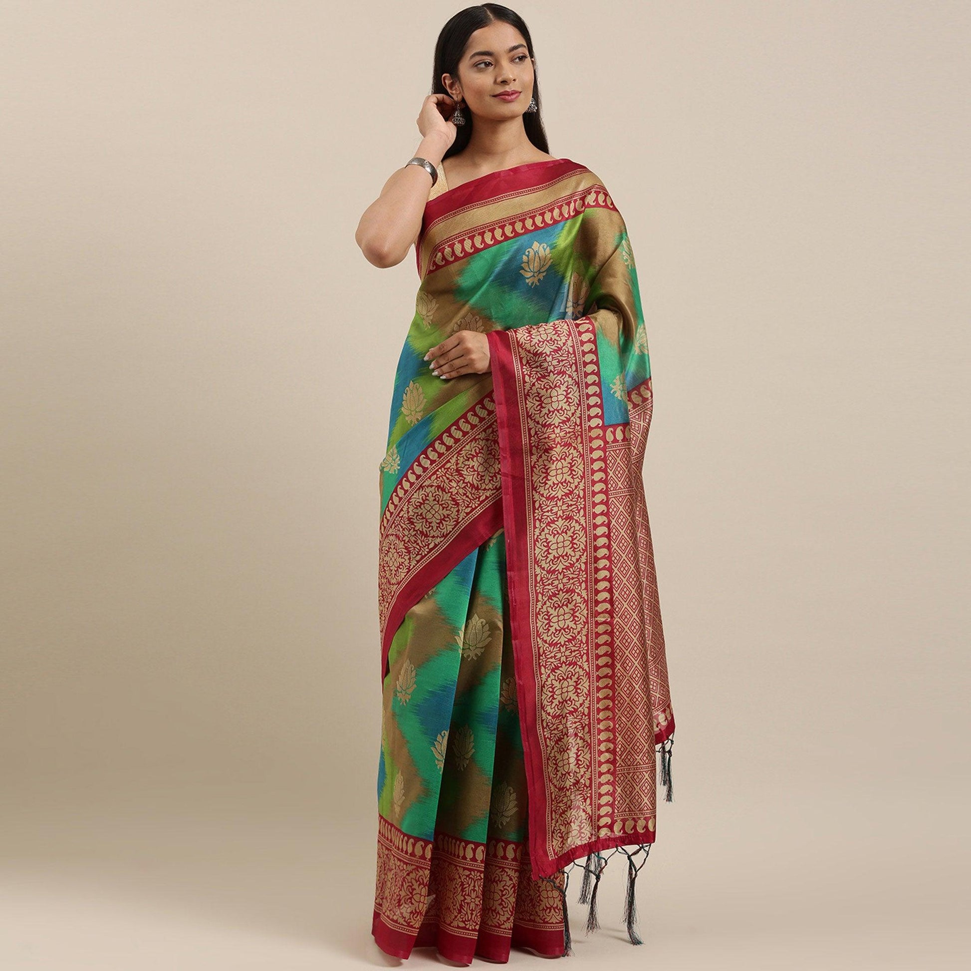 green-multi-color-festive-wear-woven-art-silk-saree-with-tassels-114050