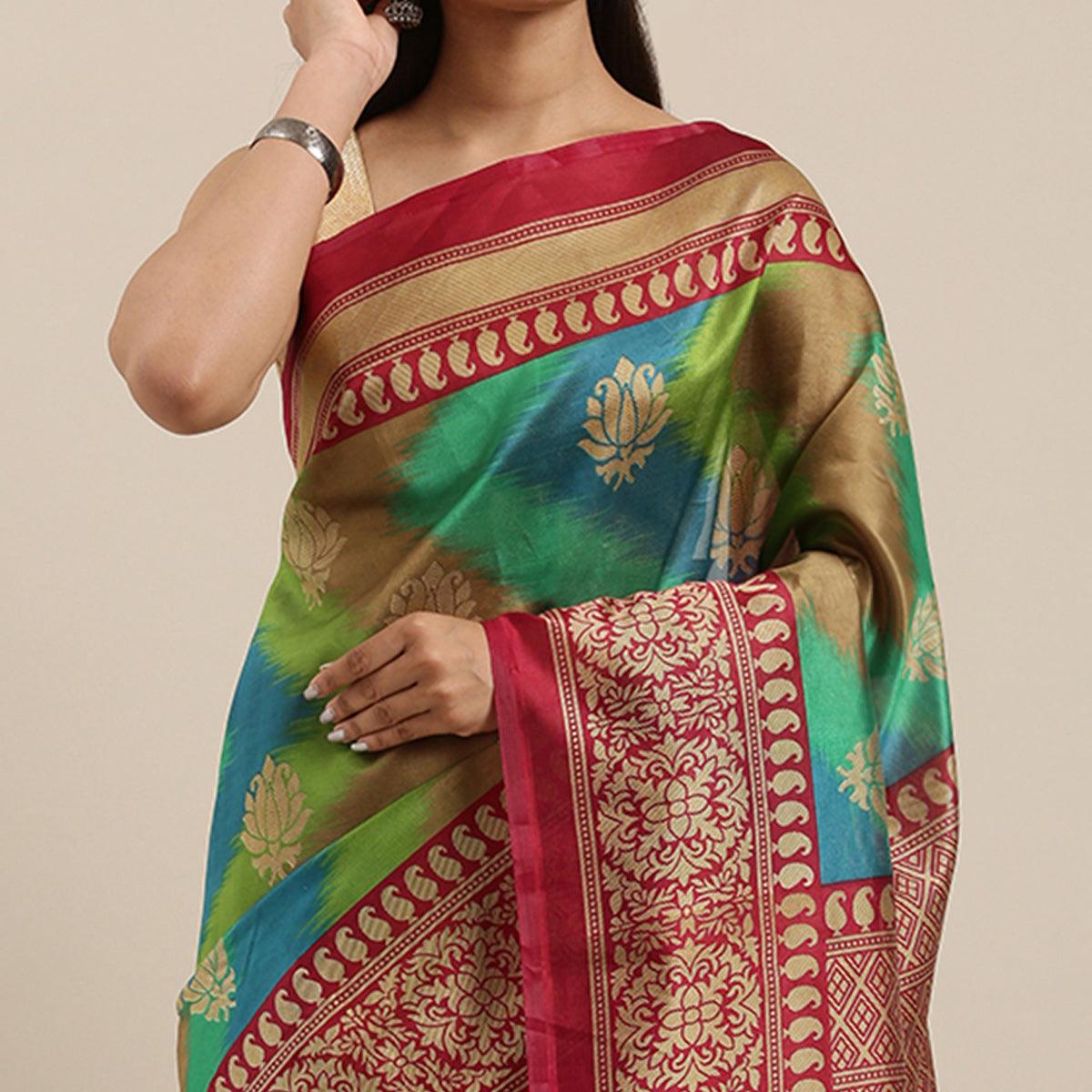 green-multi-color-festive-wear-woven-art-silk-saree-with-tassels-114050