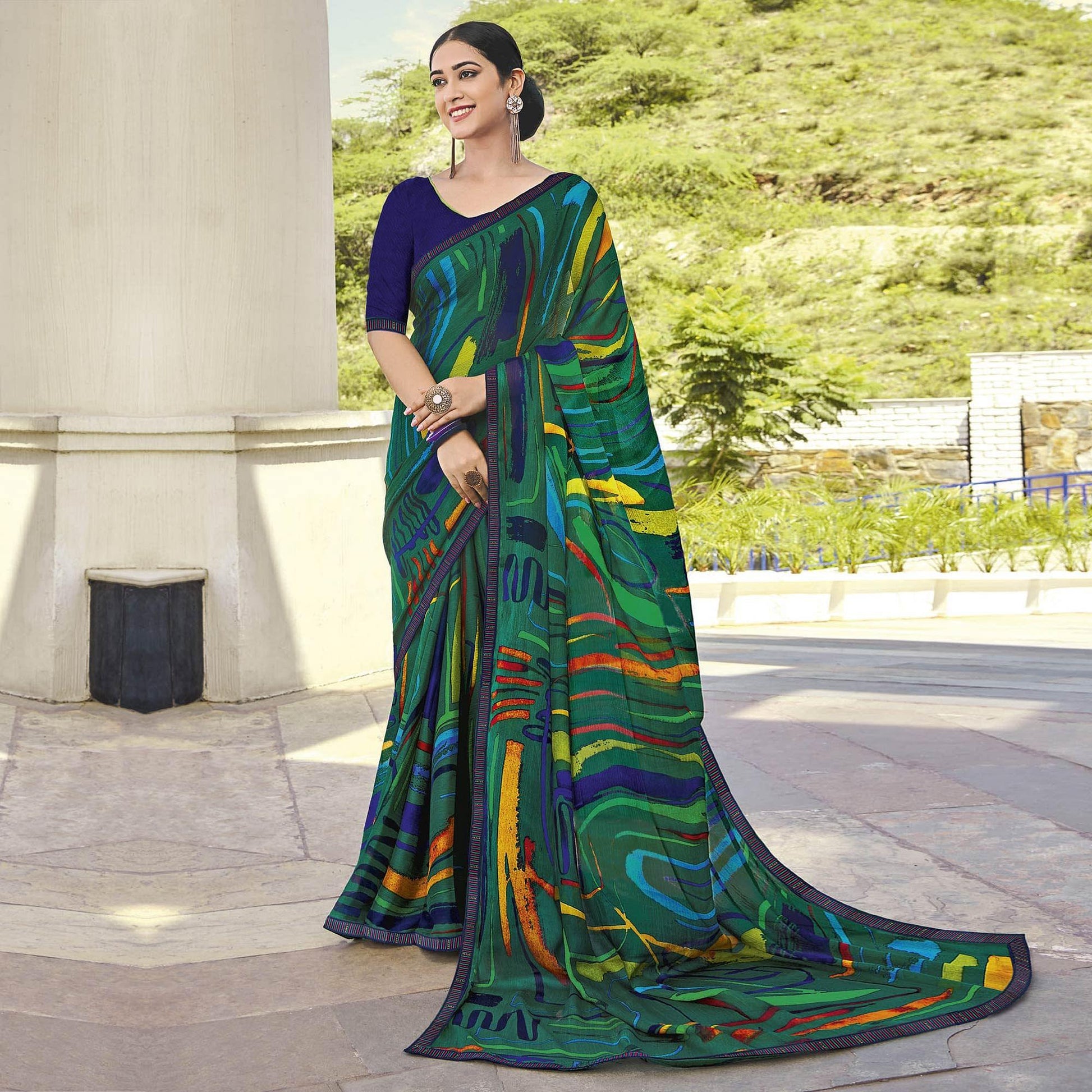 green-multicolored-casual-wear-printed-chiffon-saree-134363
