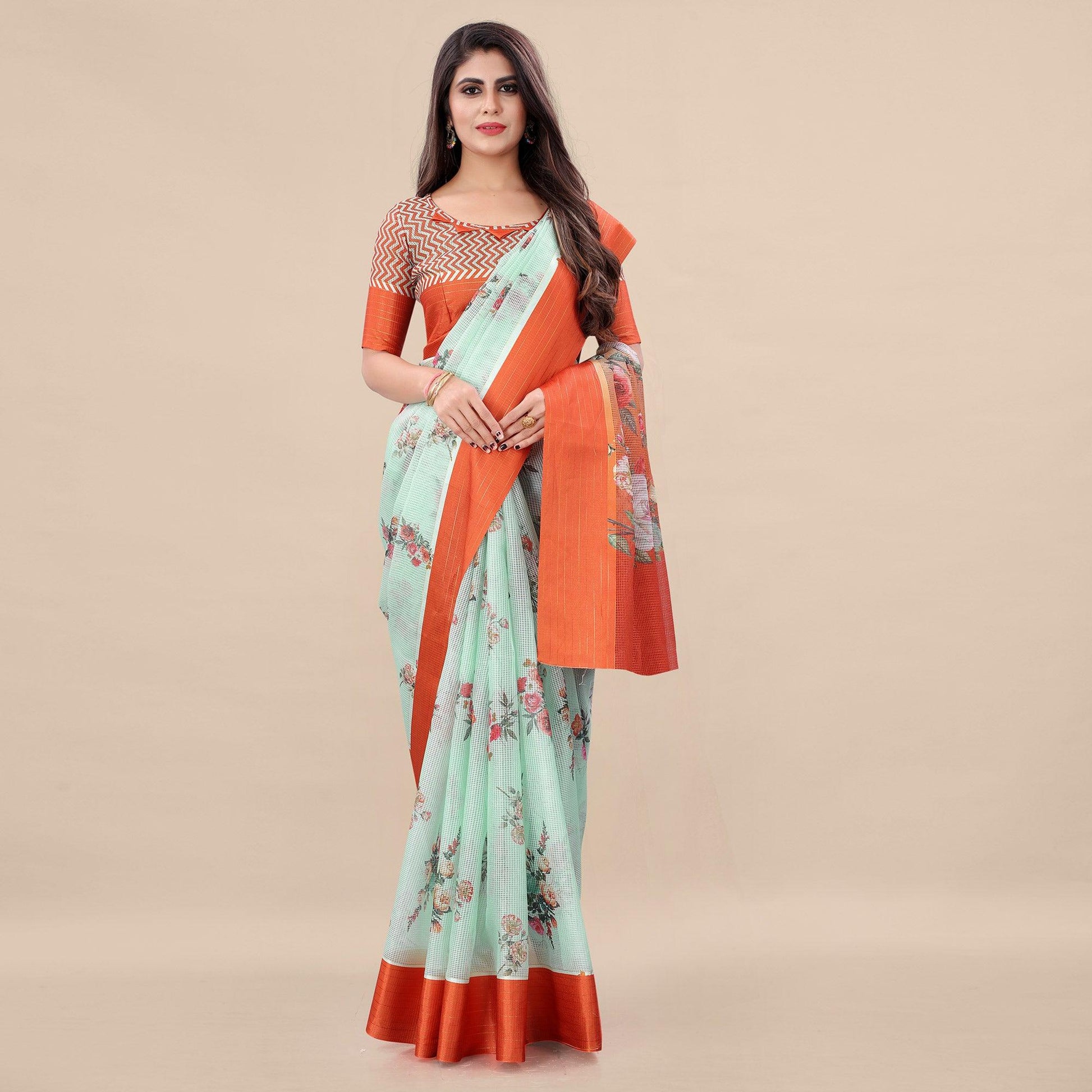 green-orange-casual-wear-floral-digital-printed-kota-doria-saree-with-woven-border-118583