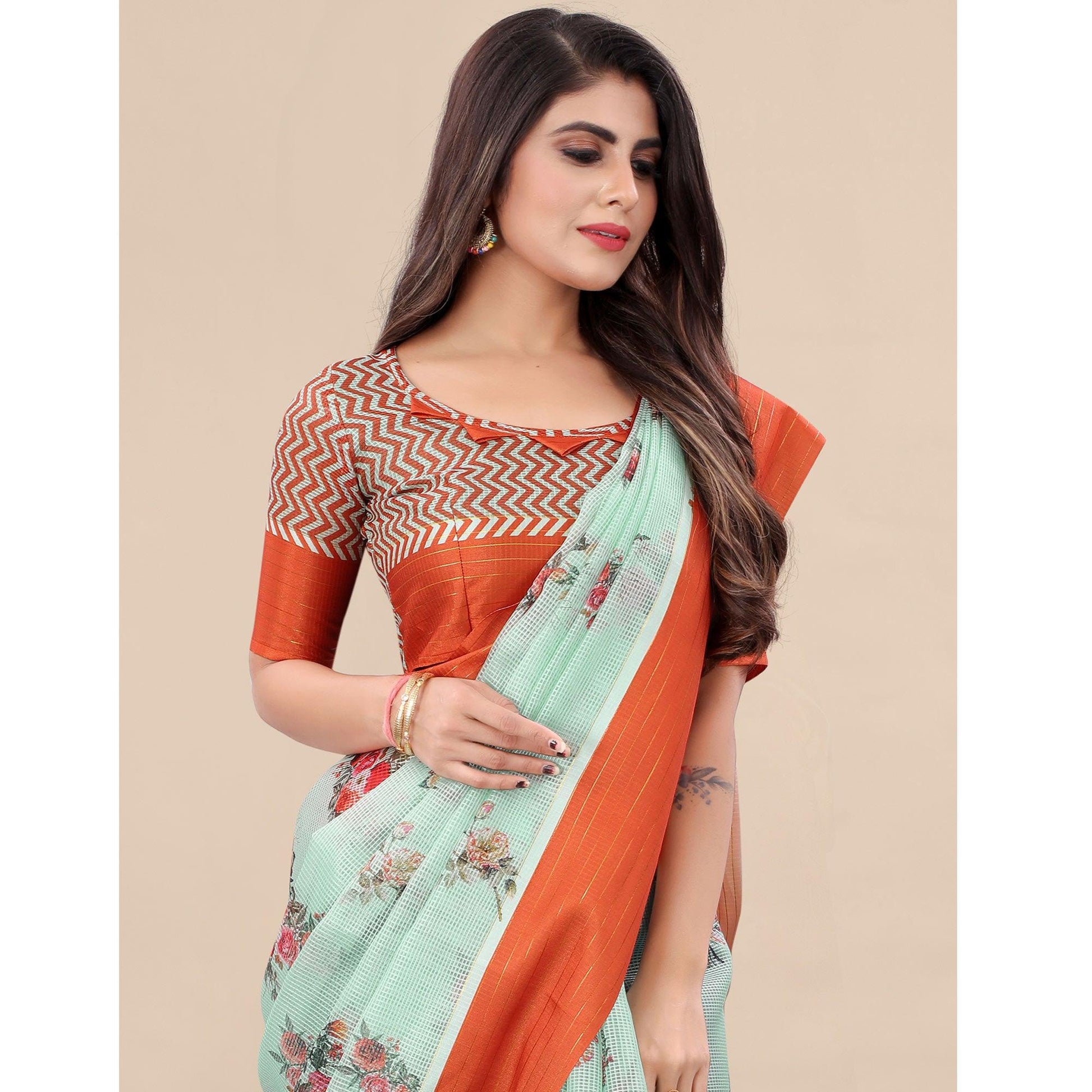 green-orange-casual-wear-floral-digital-printed-kota-doria-saree-with-woven-border-118583