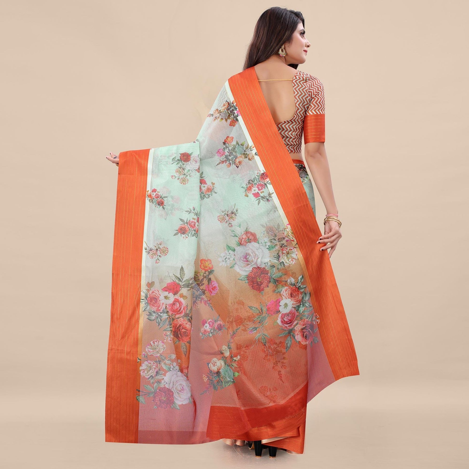 green-orange-casual-wear-floral-digital-printed-kota-doria-saree-with-woven-border-118583