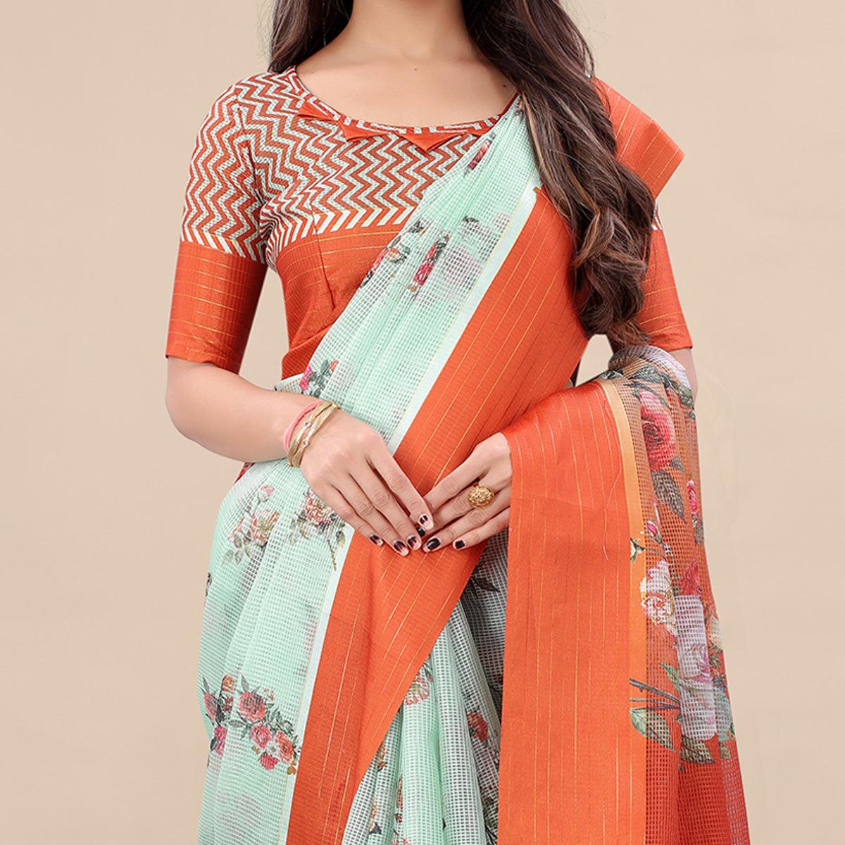 green-orange-casual-wear-floral-digital-printed-kota-doria-saree-with-woven-border-118583