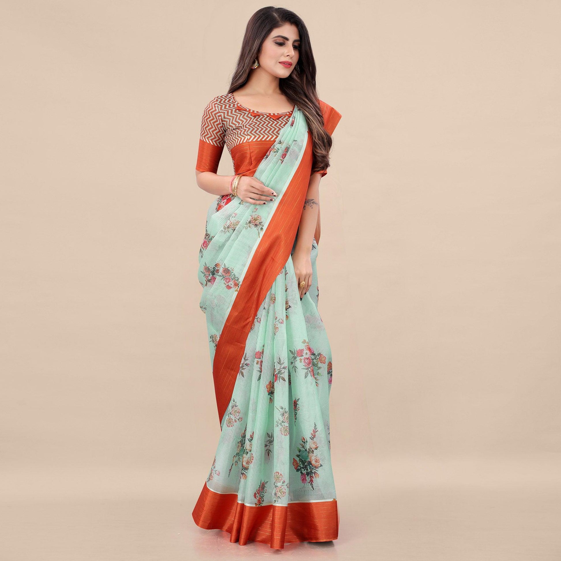 green-orange-casual-wear-floral-digital-printed-kota-doria-saree-with-woven-border-118583