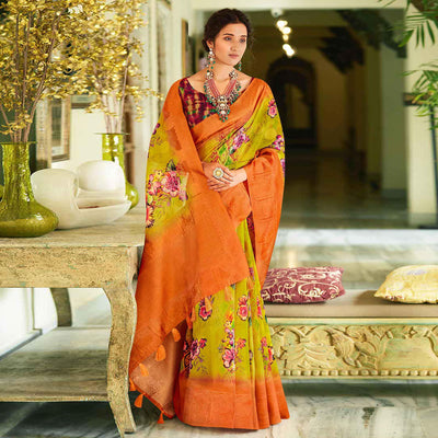 green-orange-casual-wear-printed-soft-cotton-saree-120115