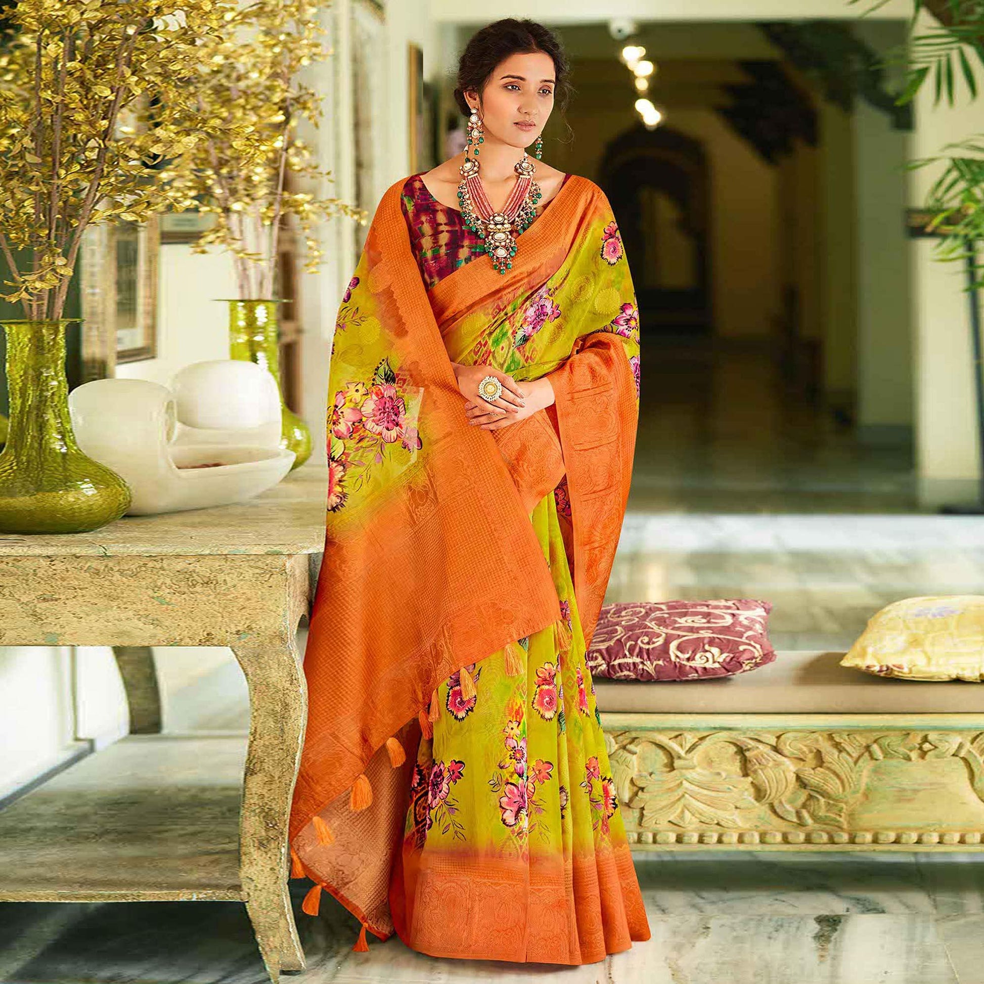 green-orange-casual-wear-printed-soft-cotton-saree-120115