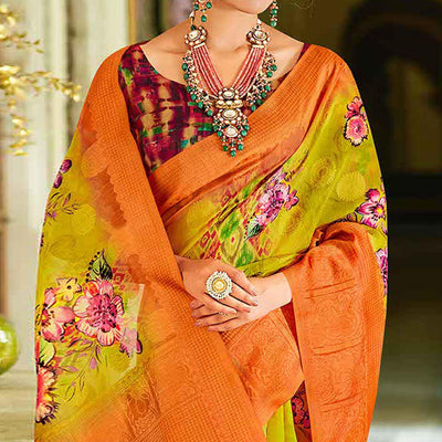 green-orange-casual-wear-printed-soft-cotton-saree-120115