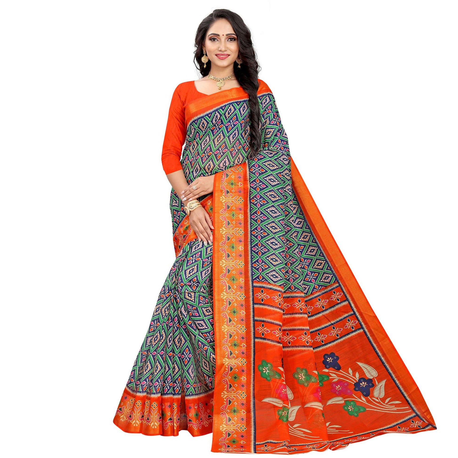 green-orange-festive-wear-floral-printed-cotton-linen-saree-109243