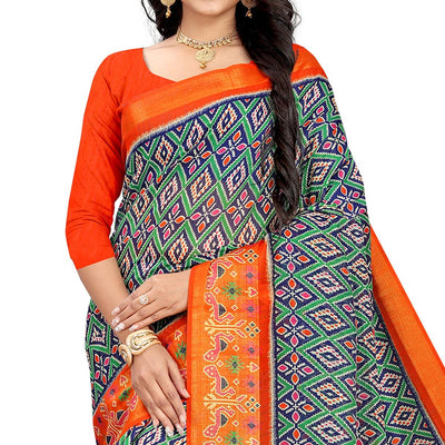 green-orange-festive-wear-floral-printed-cotton-linen-saree-109243