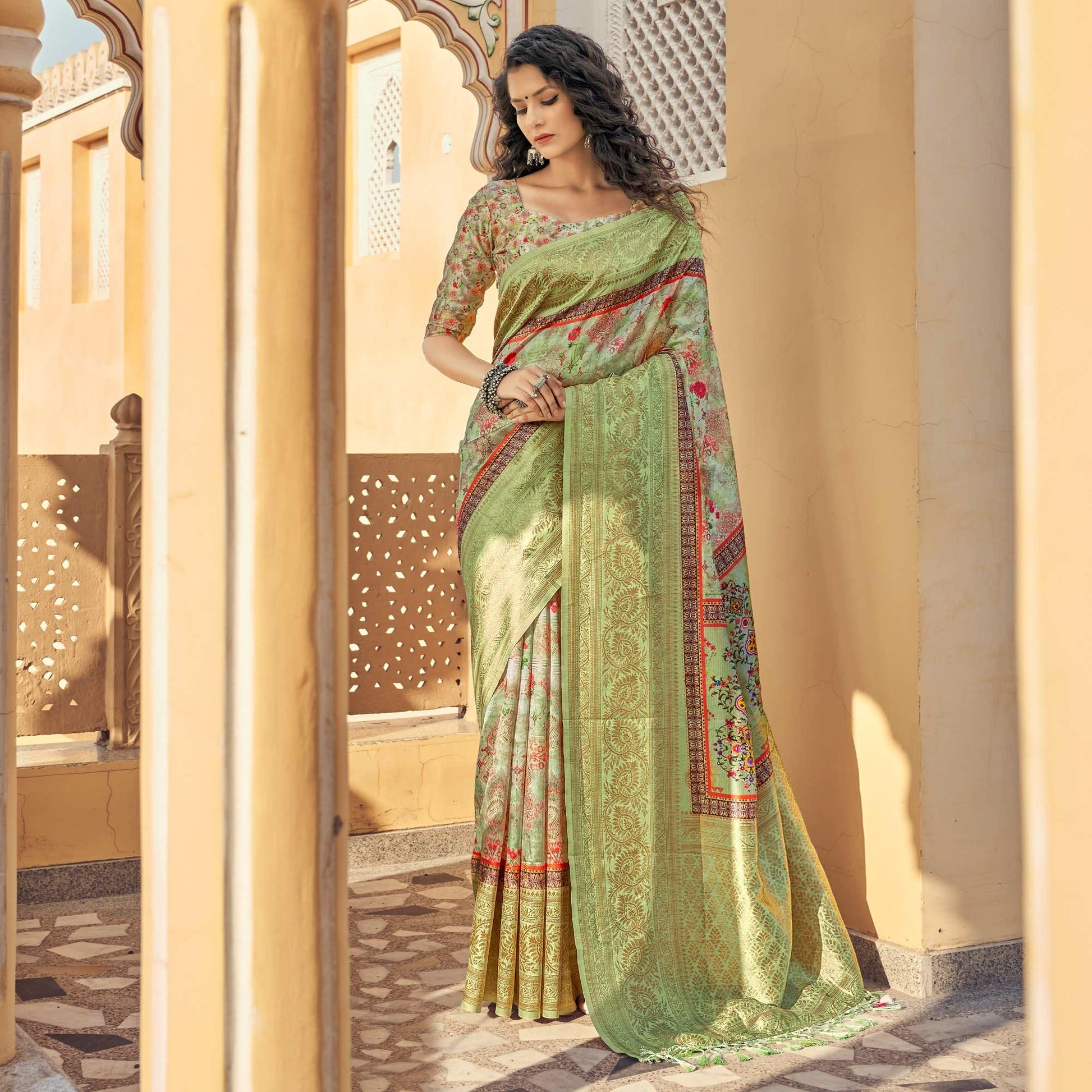 green-party-wear-digital-print-art-silk-saree-with-tassels-137968