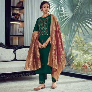 green-party-wear-embroidered-silk-kurti-pant-set-with-banarasi-jacquard-dupatta-137988