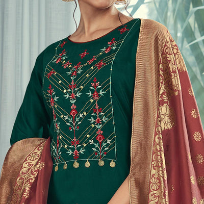 green-party-wear-embroidered-silk-kurti-pant-set-with-banarasi-jacquard-dupatta-137988
