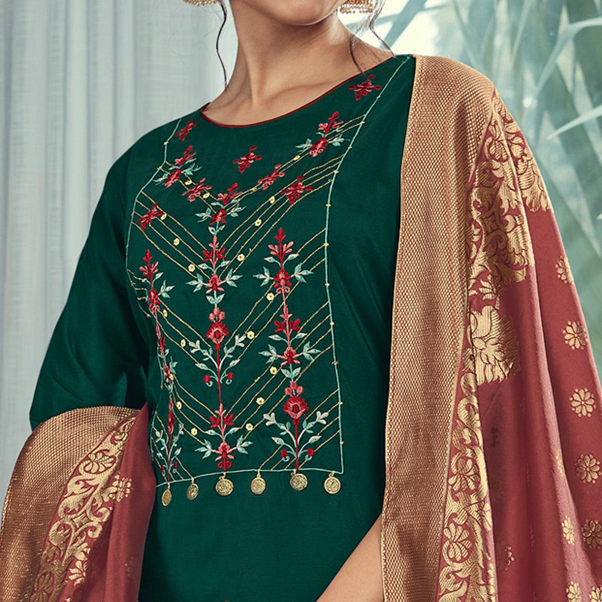 green-party-wear-embroidered-silk-kurti-pant-set-with-banarasi-jacquard-dupatta-137988