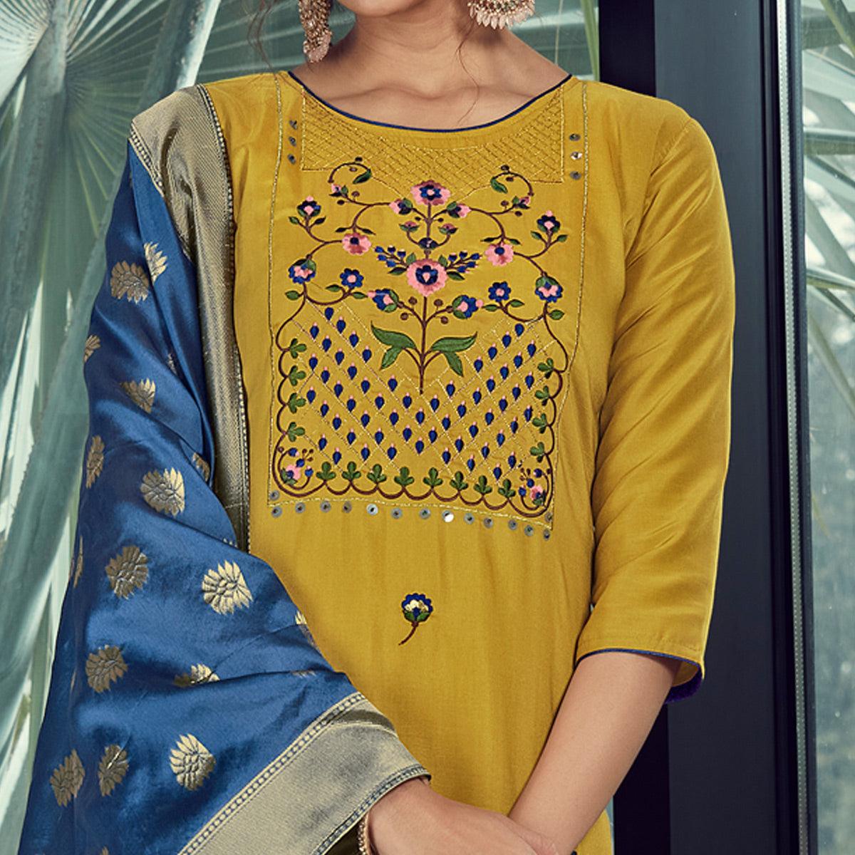 green-party-wear-embroidered-silk-kurti-pant-set-with-banarasi-jacquard-dupatta-137986