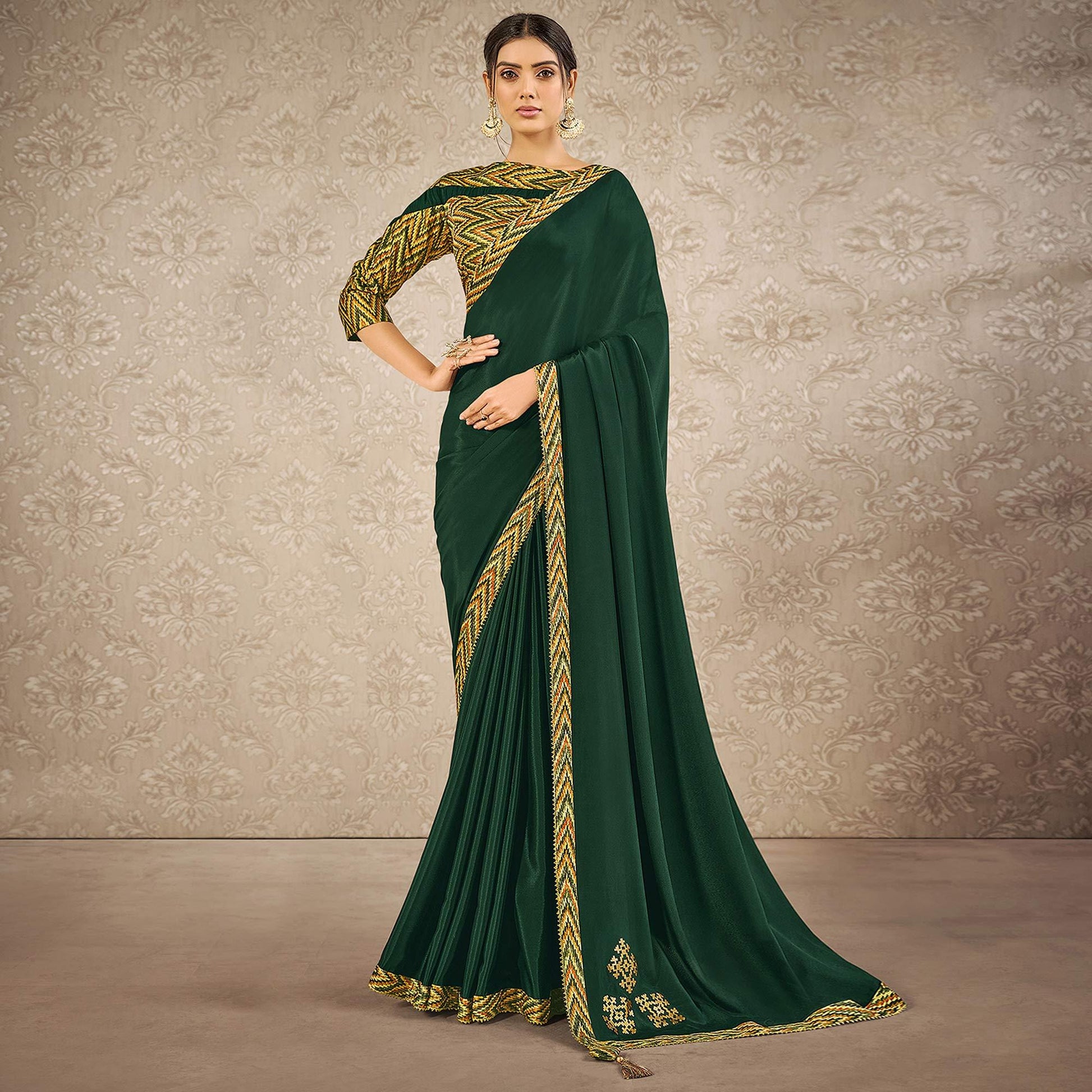 green-partywear-appliqued-with-digital-printed-satin-saree-139224