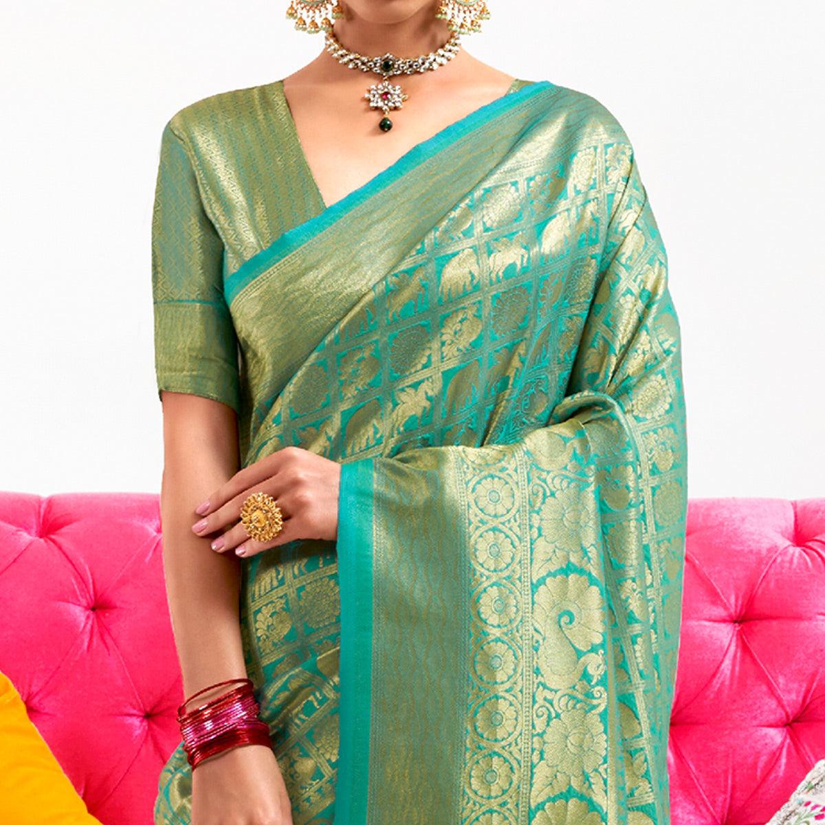green-partywear-banarasi-woven-silk-saree-117935