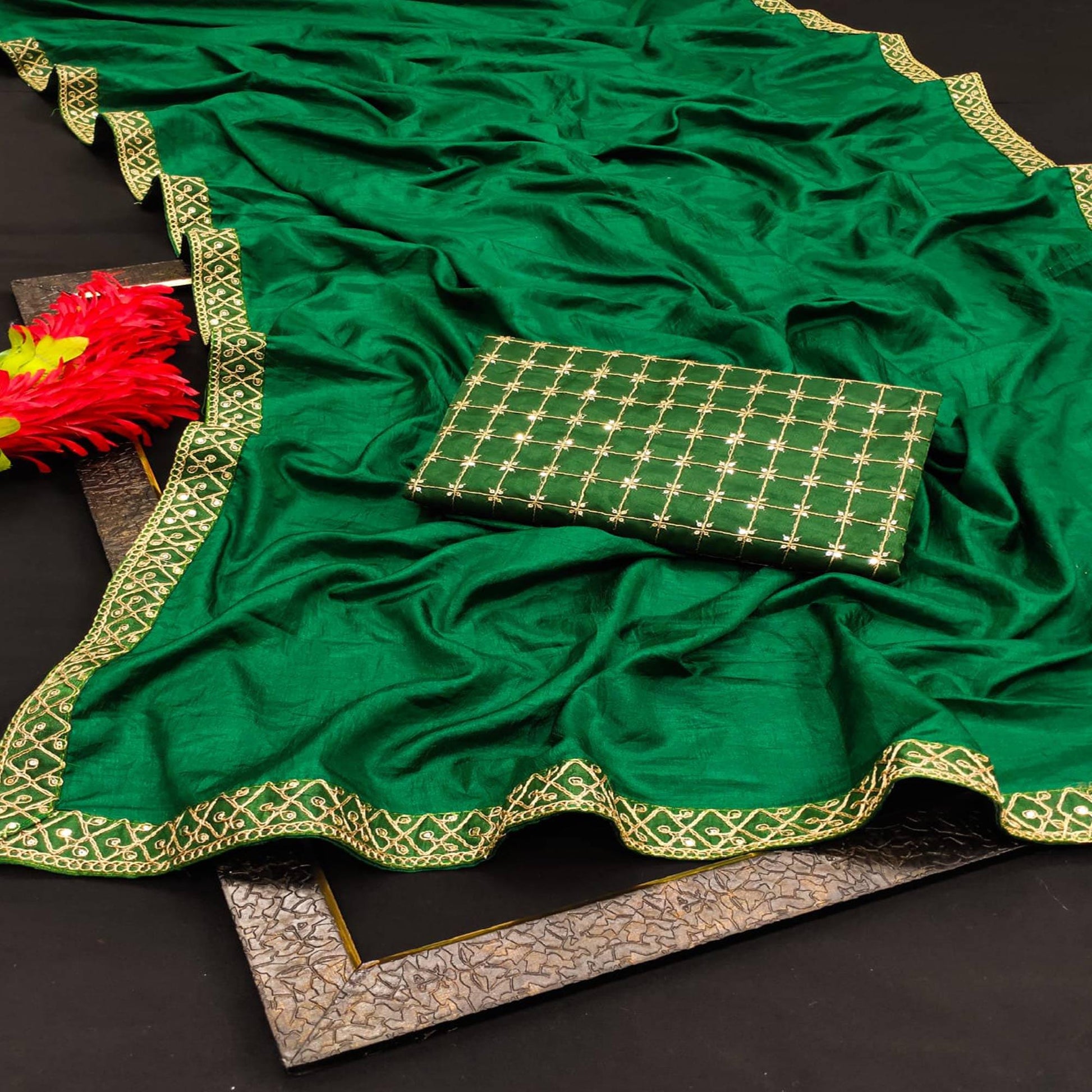 green-partywear-coding-lace-border-dola-silk-saree-129870