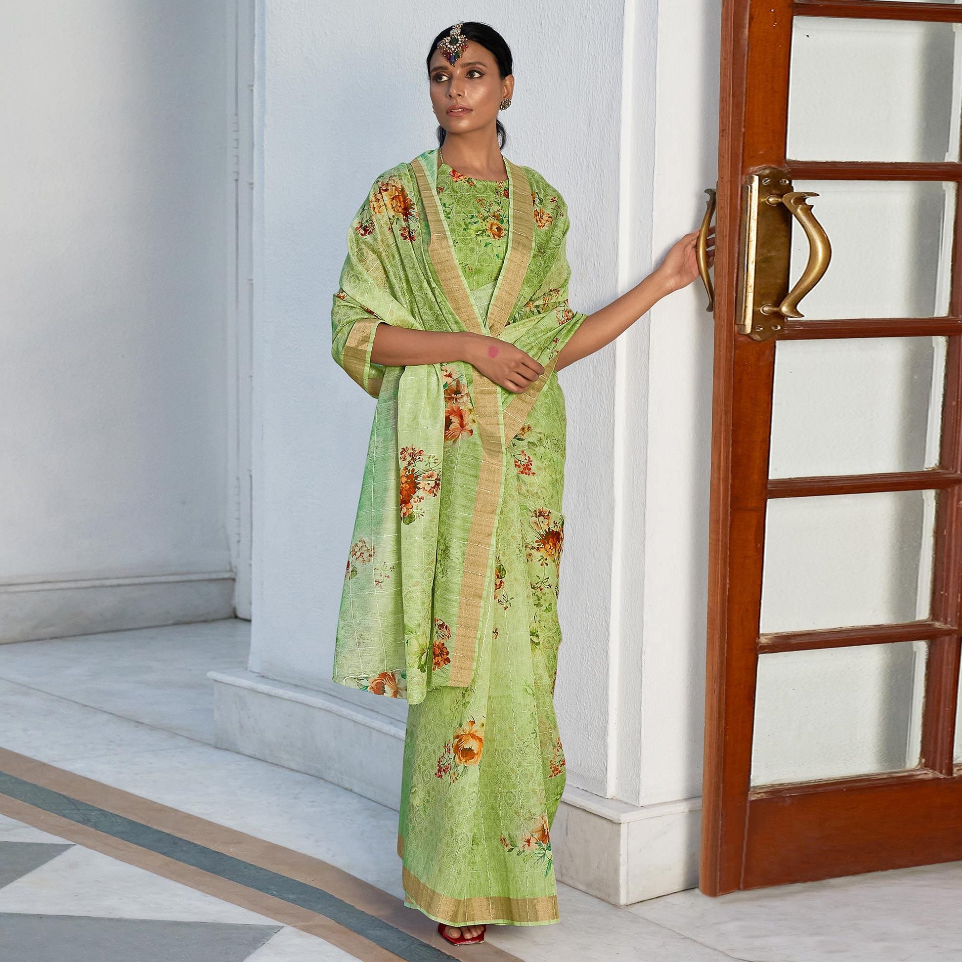 green-partywear-digital-printed-sequence-woven-pure-linen-saree-137912