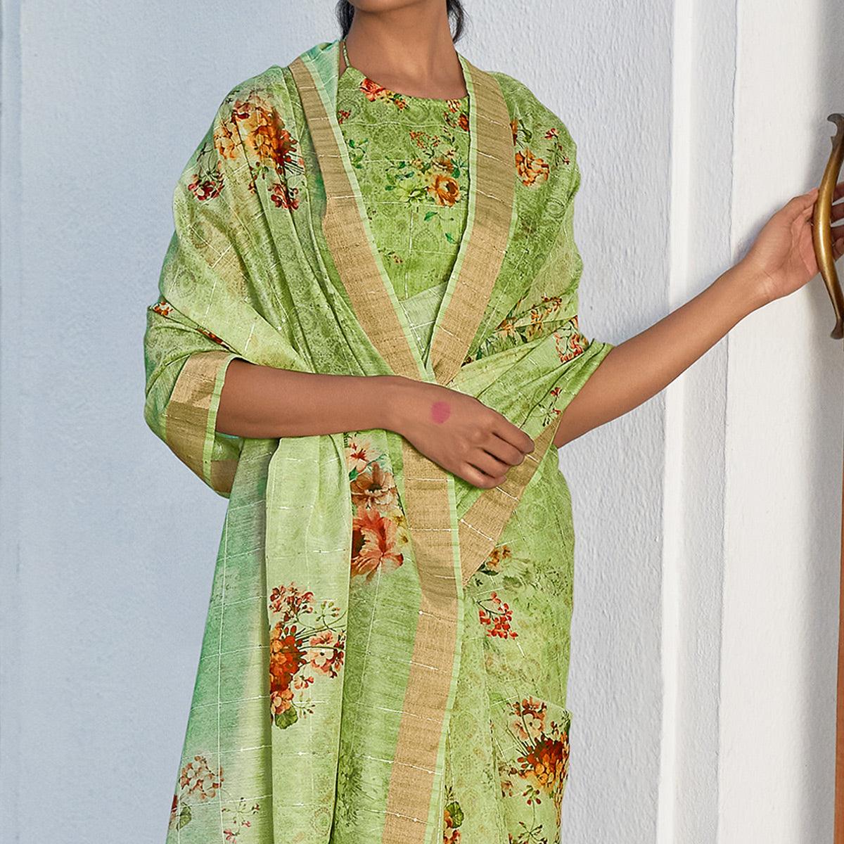 green-partywear-digital-printed-sequence-woven-pure-linen-saree-137912