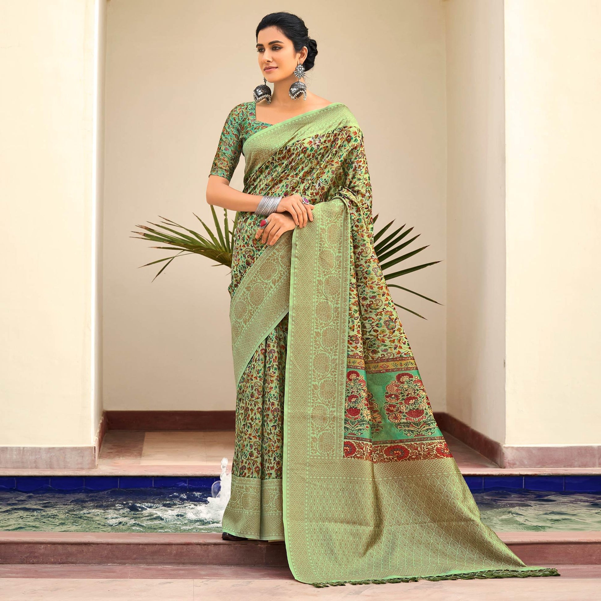 green-partywear-digital-printed-silk-saree-124415