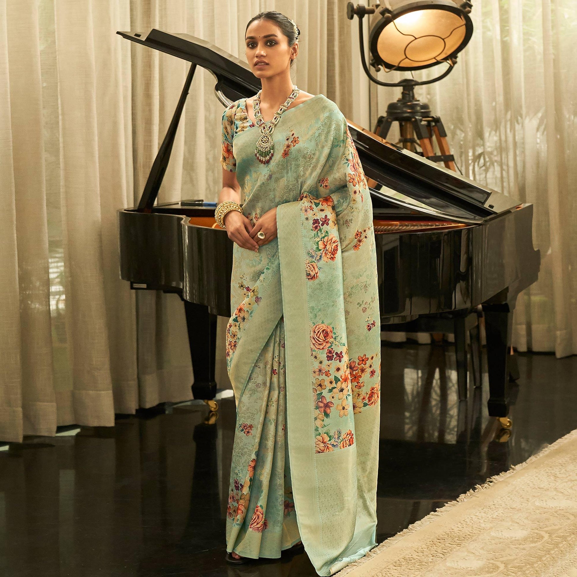 green-partywear-digital-printed-silk-saree-127933